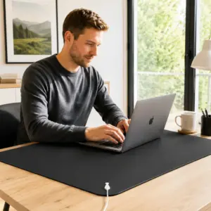 Person arbeitet an einem Laptop auf einer schwarzen Erdungs-Schreibtischunterlage mit Erdungskabel für einen spannungsärmeren Arbeitsplatz.