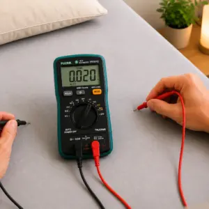 Messung der Körperspannung auf einem grauen Erdungs-Fixleintuch. Das Multimeter zeigt einen niedrigen Spannungswert von 0,020 Volt bei Kontakt mit dem geerdeten Bettlaken.