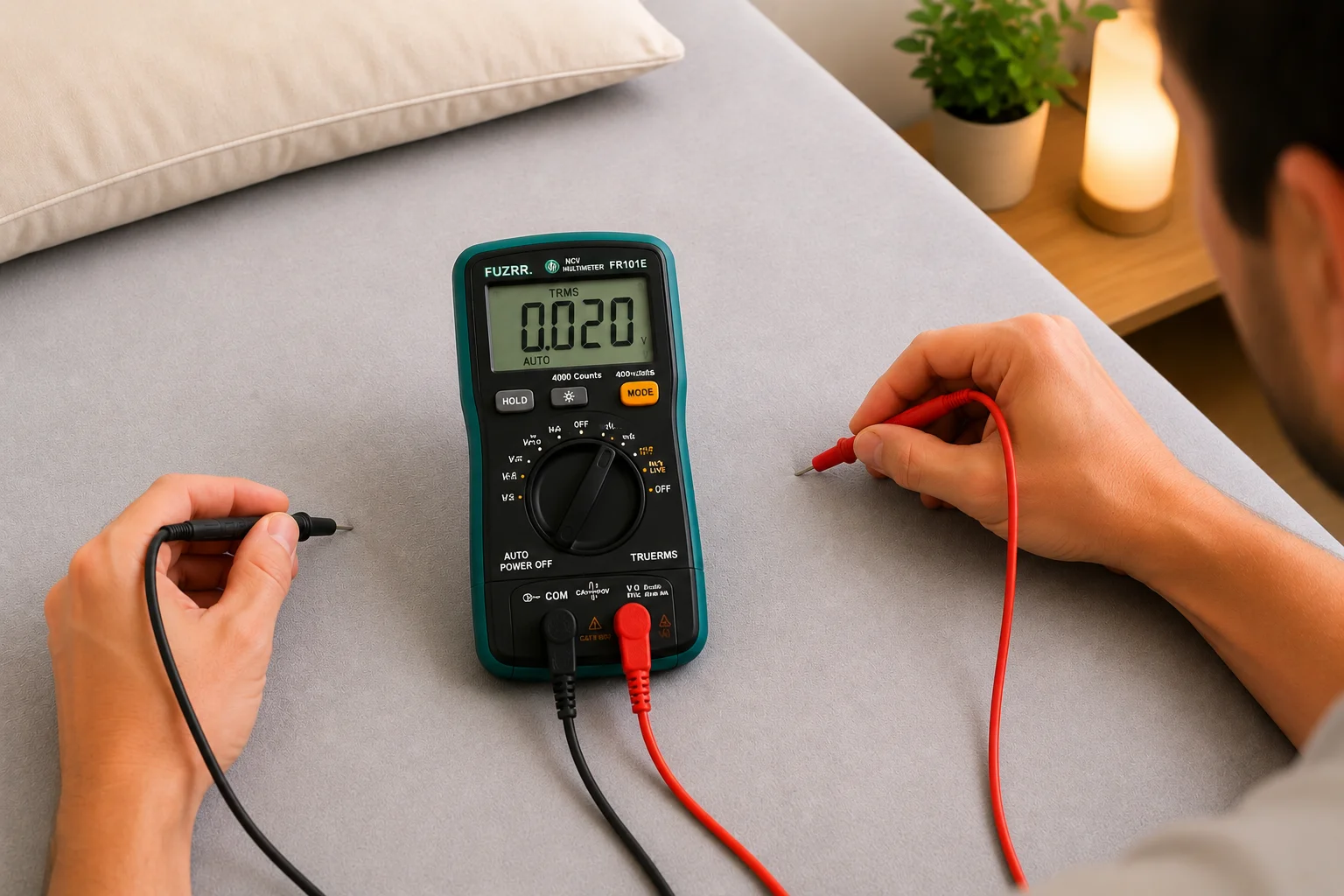 Messung der Körperspannung auf einem grauen Erdungs-Fixleintuch. Das Multimeter zeigt einen niedrigen Spannungswert von 0,020 Volt bei Kontakt mit dem geerdeten Bettlaken.