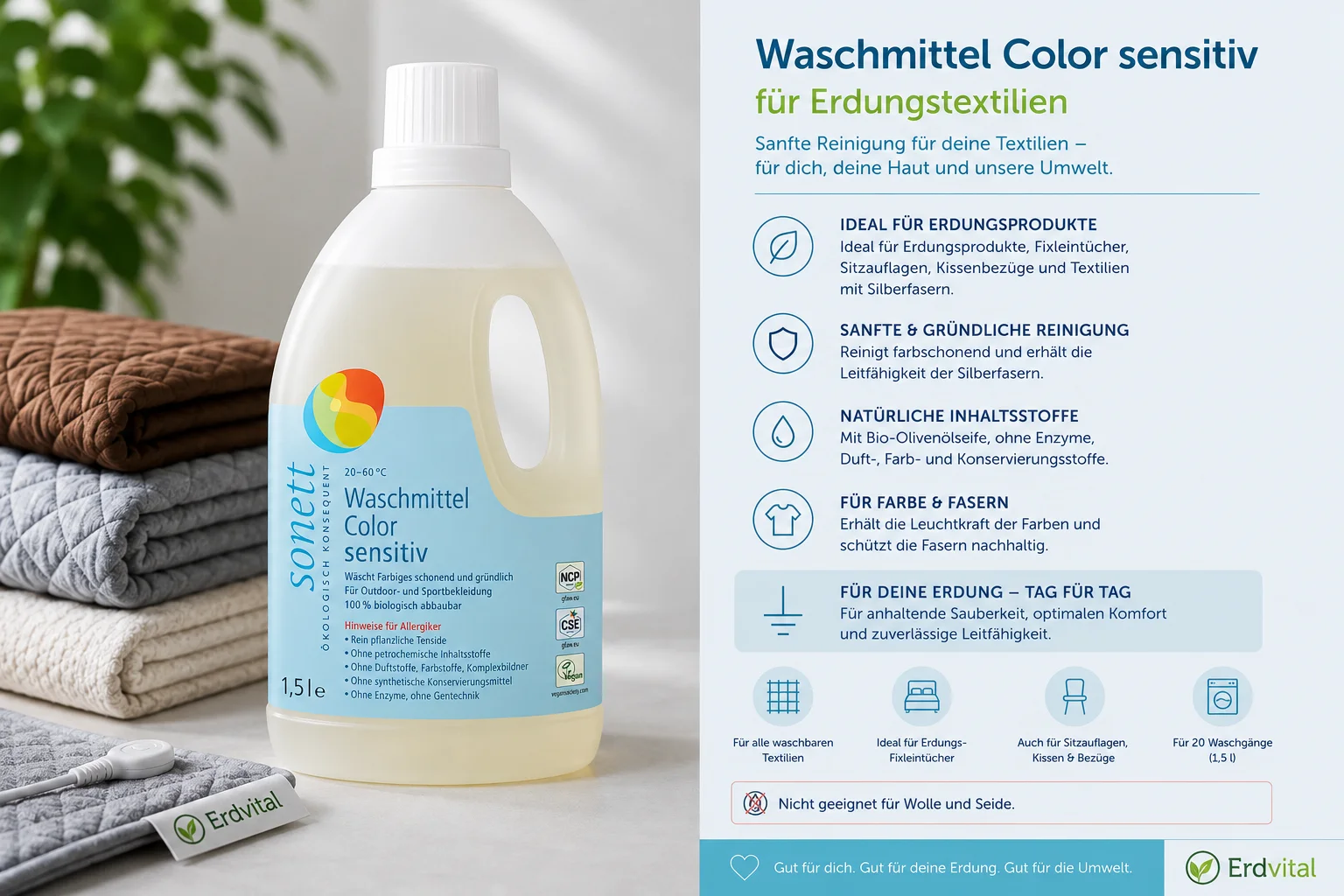 Sonett Color Sensitiv Waschmittel für Erdungstextilien, Fixleintücher und Silbertextilien