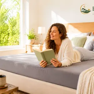 Drap-housse gris « Erdungs » dans une chambre à coucher claire