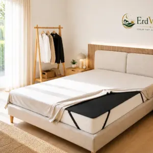 Surmatelas de mise à la terre sur mesure, muni de sangles élastiques aux coins, à placer sur le matelas